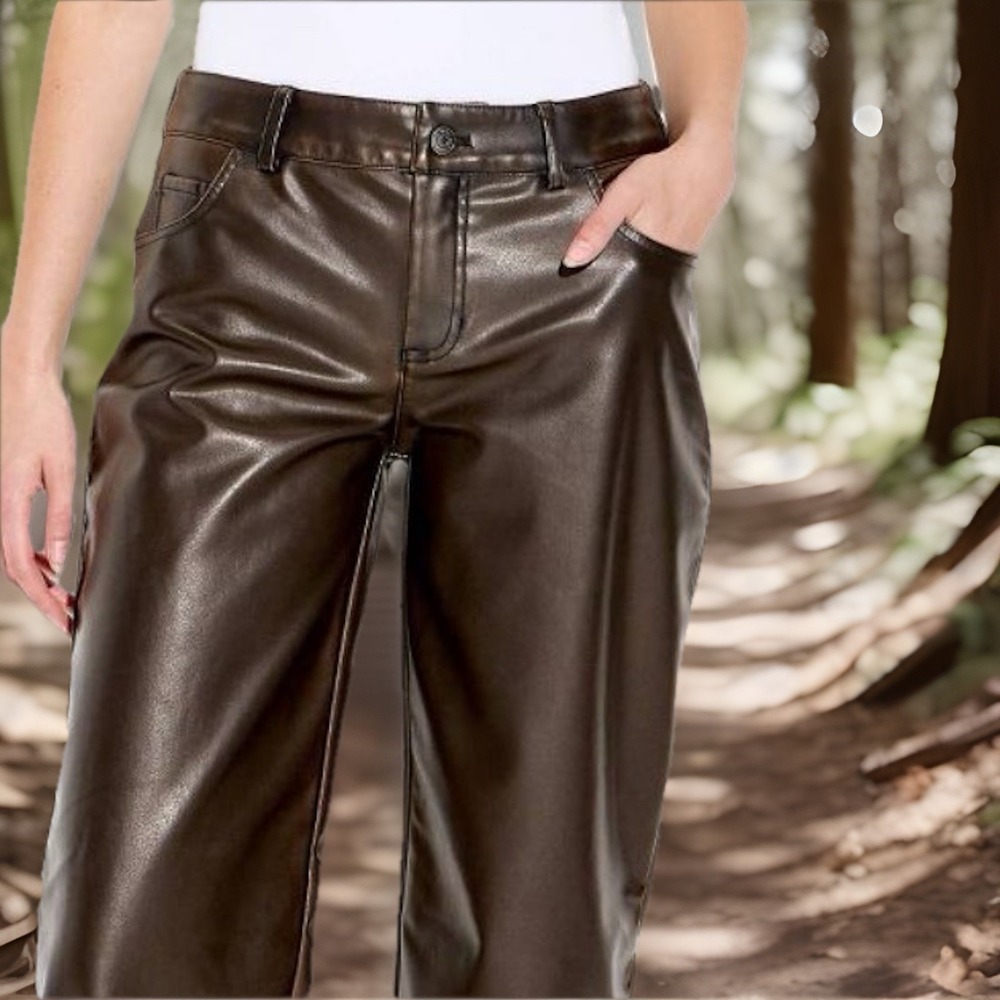 Women Sz 16 Brown 5 Pocket Straight Leg Faux Leather Pants Wild Fable‎ Going Out